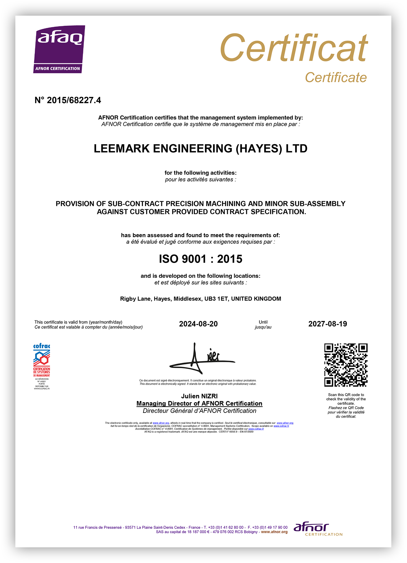 ISO 9001 certificate